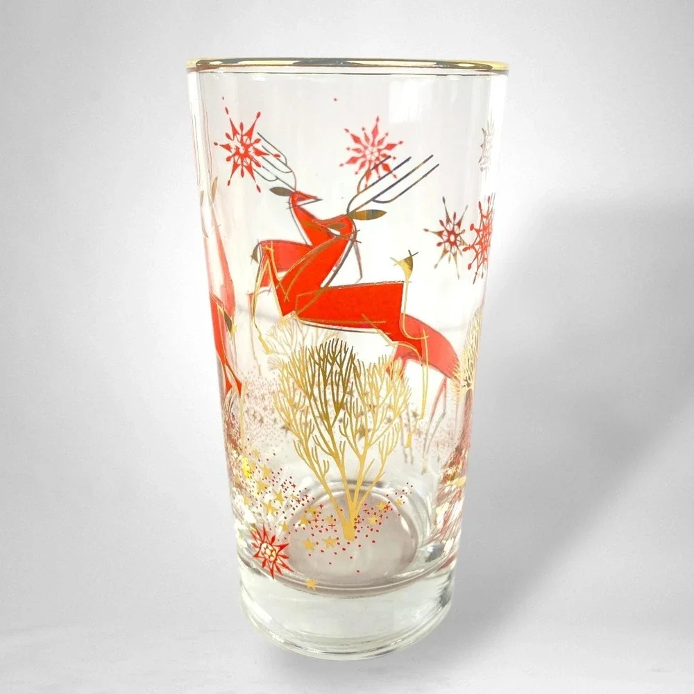 Libbey Mid Century Christmas Deer Highball Glasses SET of 6 with 22k Gold Rim